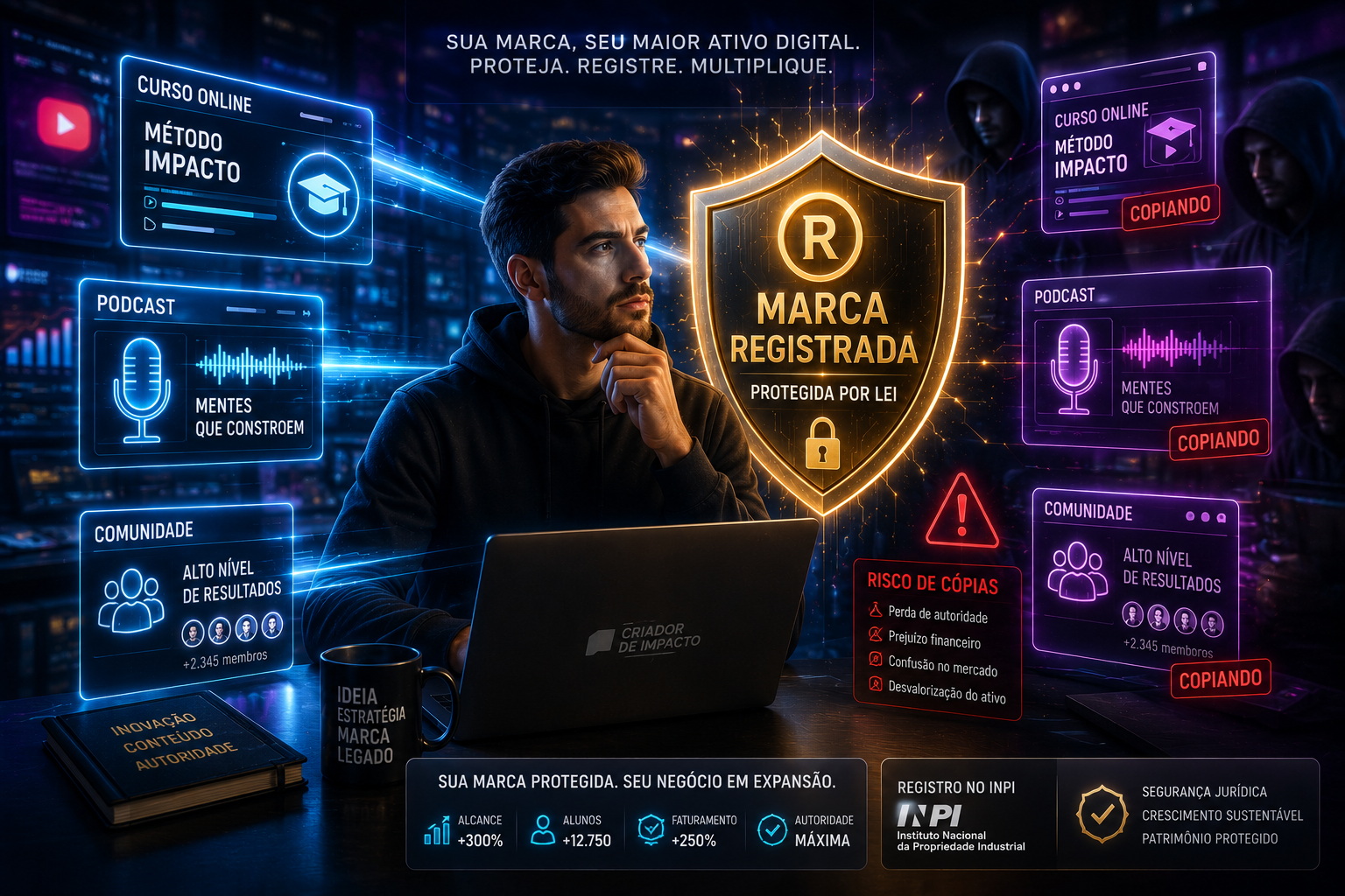 registrar nome de curso online, proteger nome de podcast INPI, marca para comunidade digital, pirataria de infoproduto como evitar, registro de marca para mentorias
